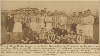 870483 Groepsportret van de voetbalelftallen van Kampong en Hercules te Utrecht, bij het degradatieduel, dat eindigde in 2-2.